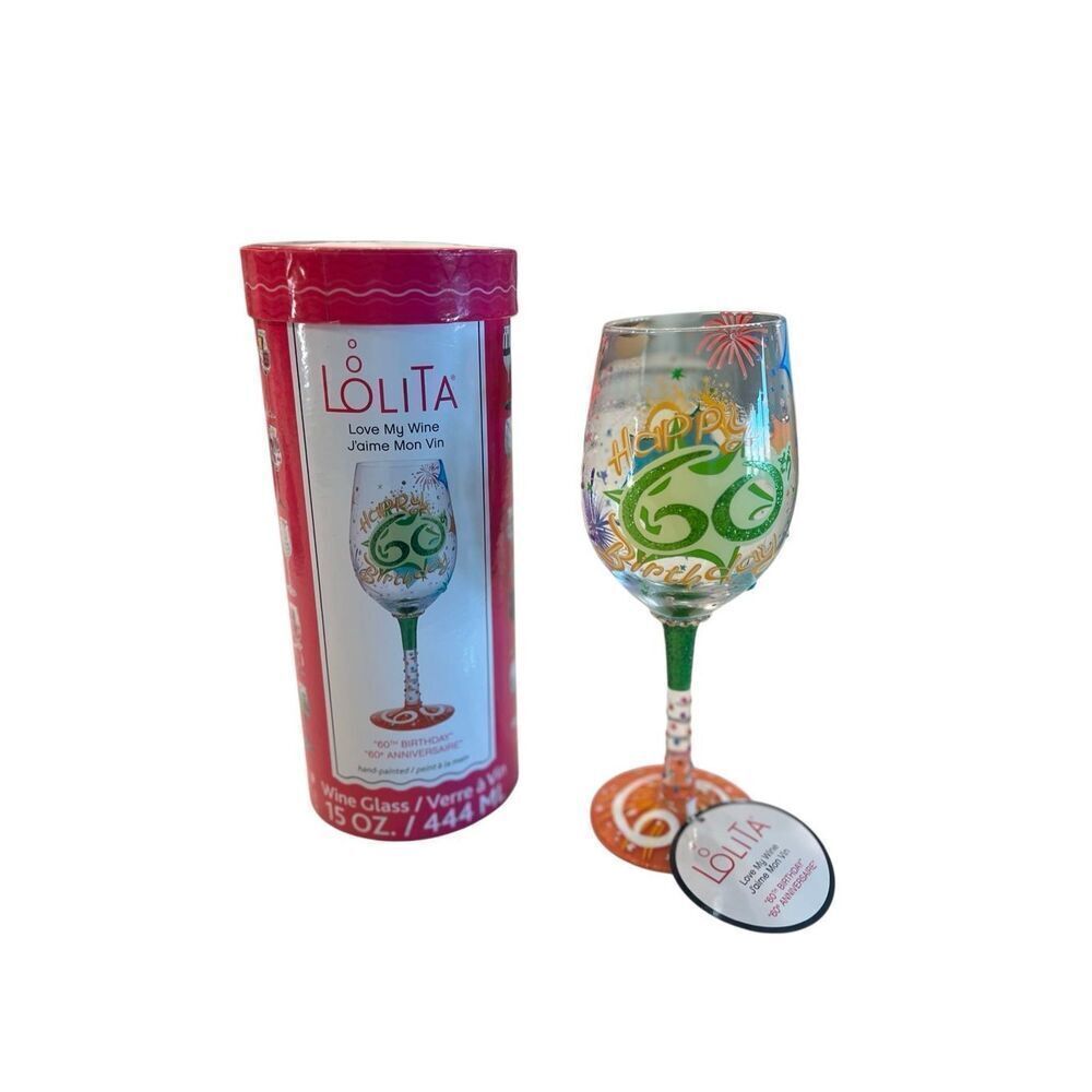 Lolita Love My Wine Hand-Painted Lolita Happy 60th Birthday Wine Glass 15 Oz NWT